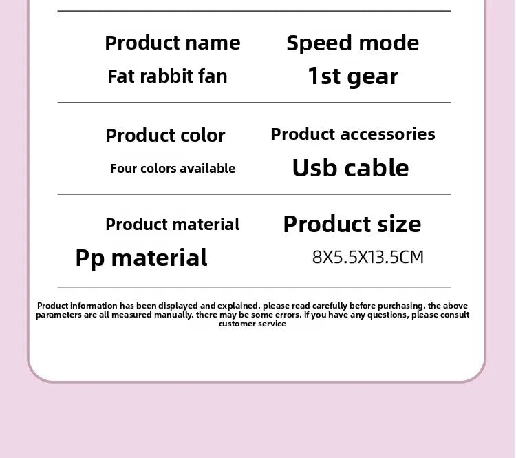 Cute Cartoon Rabbit Ear Desktop Fan USB Rechargeable Handheld Fan Summer Cooling Gift for Kids Children Home Office Rechargeable