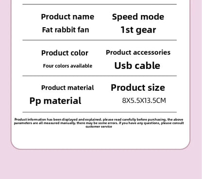 Cute Cartoon Rabbit Ear Desktop Fan USB Rechargeable Handheld Fan Summer Cooling Gift for Kids Children Home Office Rechargeable