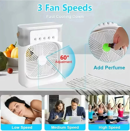 Portable Household 3-in-1 Mini Air Cooler Fan with LED Night Light And 5-Hole Humidifier Function Timer 1-3 Hours Cooling Fan