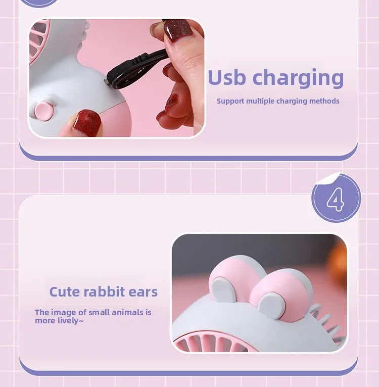Cute Cartoon Rabbit Ear Desktop Fan USB Rechargeable Handheld Fan Summer Cooling Gift for Kids Children Home Office Rechargeable