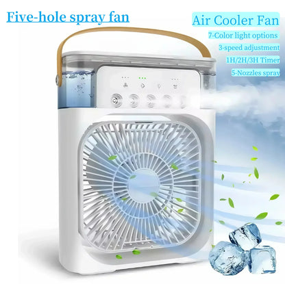 Portable Household 3-in-1 Mini Air Cooler Fan with LED Night Light And 5-Hole Humidifier Function Timer 1-3 Hours Cooling Fan