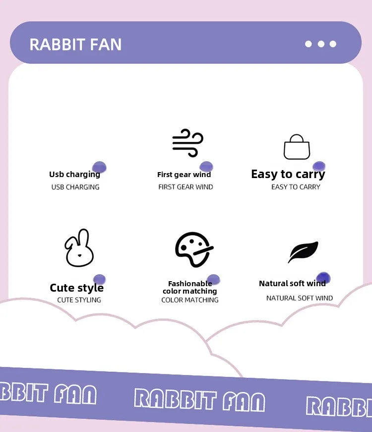 Cute Cartoon Rabbit Ear Desktop Fan USB Rechargeable Handheld Fan Summer Cooling Gift for Kids Children Home Office Rechargeable