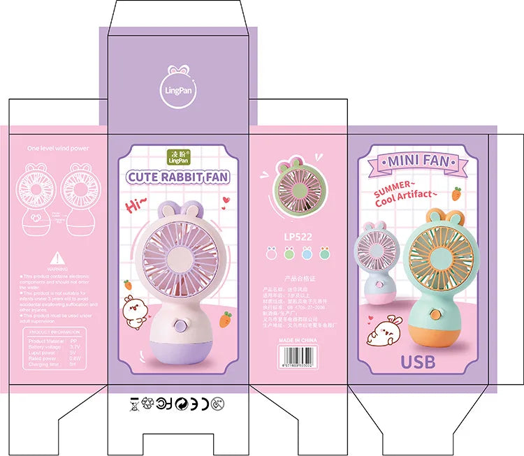 Cute Cartoon Rabbit Ear Desktop Fan USB Rechargeable Handheld Fan Summer Cooling Gift for Kids Children Home Office Rechargeable