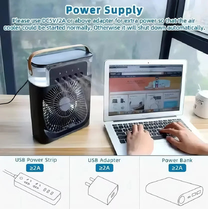 Portable Household 3-in-1 Mini Air Cooler Fan with LED Night Light And 5-Hole Humidifier Function Timer 1-3 Hours Cooling Fan