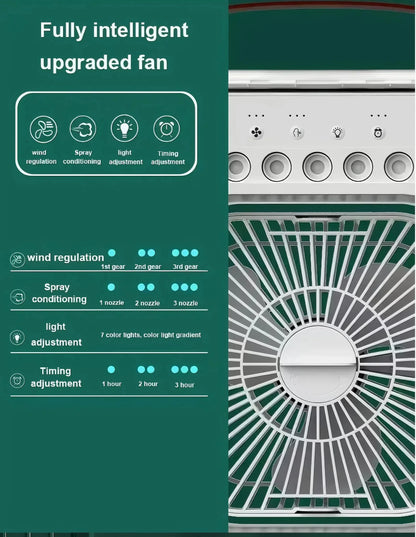 Portable Household 3-in-1 Mini Air Cooler Fan with LED Night Light And 5-Hole Humidifier Function Timer 1-3 Hours Cooling Fan