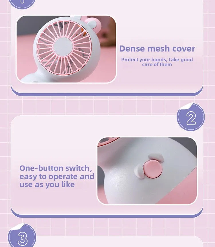 Cute Cartoon Rabbit Ear Desktop Fan USB Rechargeable Handheld Fan Summer Cooling Gift for Kids Children Home Office Rechargeable