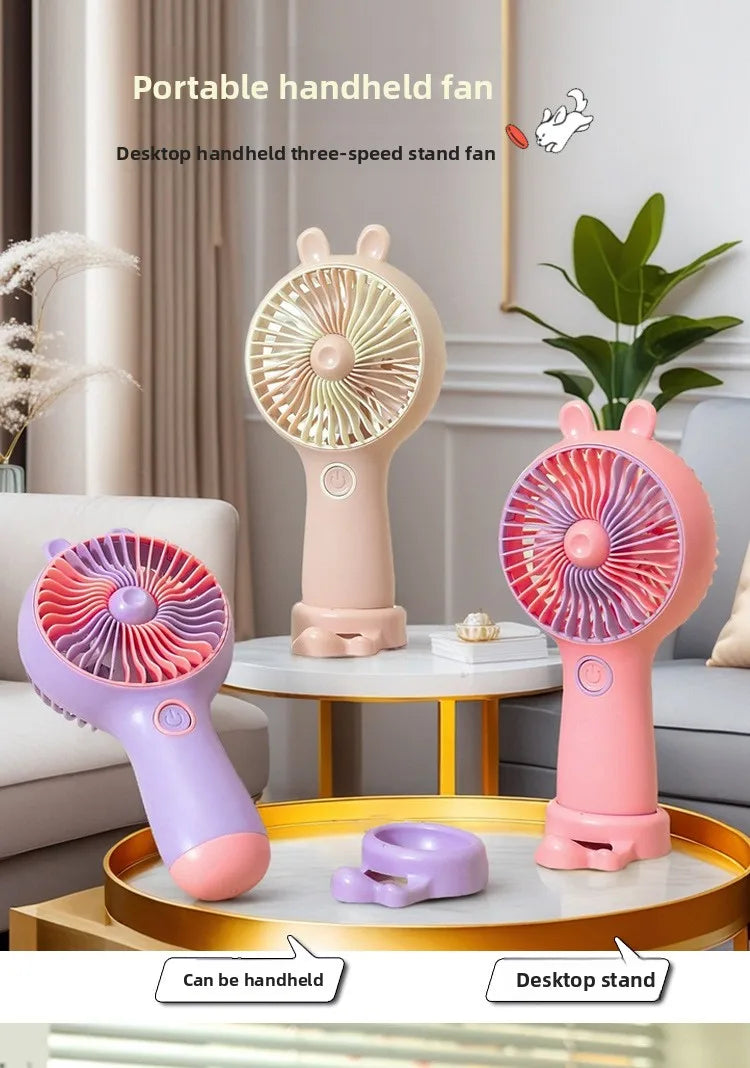 Cute Cartoon Rabbit Ear Desktop Fan USB Rechargeable Handheld Fan Summer Cooling Gift for Kids Children Home Office Rechargeable
