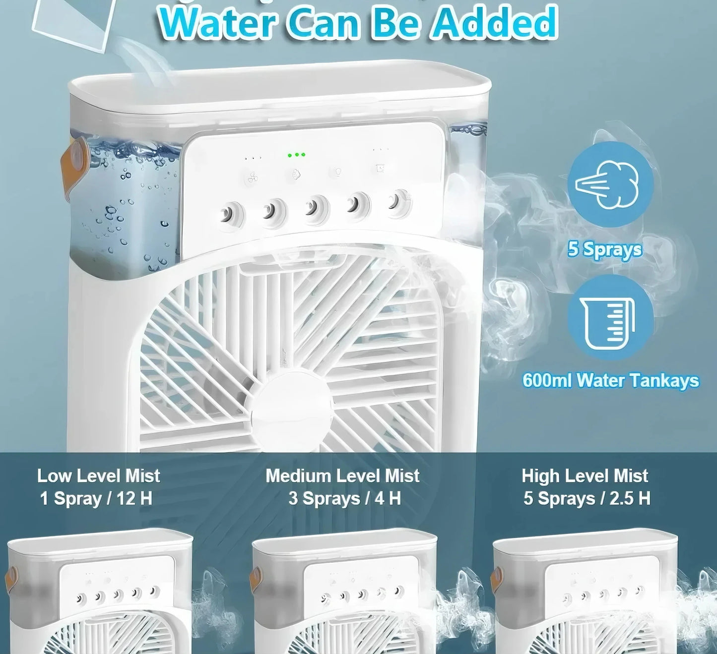 Portable Household 3-in-1 Mini Air Cooler Fan with LED Night Light And 5-Hole Humidifier Function Timer 1-3 Hours Cooling Fan